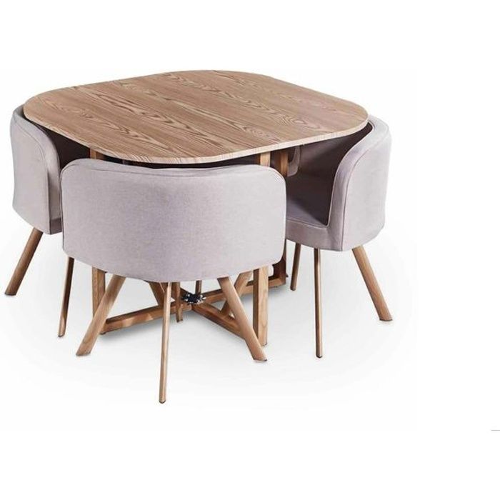 ensemble de table à manger - 1 table bois - 4 chaises encastrables beige - design moderne - séjour salon cuisine